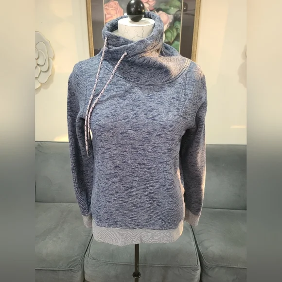 Columbia Womens Heathered Blue Asymmetrical Cowl Neck Sweatshirt Striped Trim - Picture 2 of 9